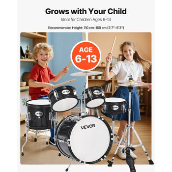 Kids Drum Set, 5-Piece 14 in Junior Drum Sets, Beginner Drums Set with Adjustable Throne, Cymbal & Two Pairs of Drumsticks, Musical Learning Drums Instruments Kit, for Children Ages 6-13(Black)