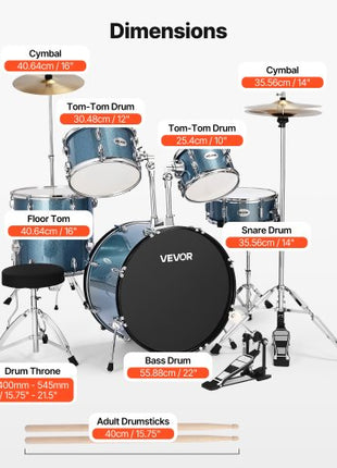 Drum Set, 5-Piece 22 in Junior Drum Sets, Beginner Drums Set with Adjustable Throne, Cymbal, and Drumsticks, Musical Learning Drums Instrument Kit, for Beginner, Teens & Student (Gravel Blue)