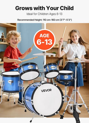 Kids Drum Set, 5-Piece 14 in Junior Drum Sets, Beginner Drums Set with Adjustable Throne, Cymbal & Two Pairs of Drumsticks, Musical Learning Drums Instruments Kit, for Children Ages 6-13 (Blue)
