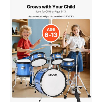 Kids Drum Set, 5-Piece 14 in Junior Drum Sets, Beginner Drums Set with Adjustable Throne, Cymbal & Two Pairs of Drumsticks, Musical Learning Drums Instruments Kit, for Children Ages 6-13 (Blue)