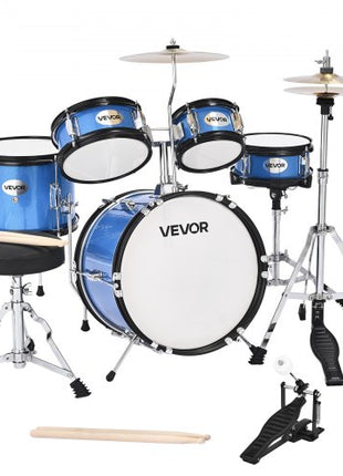 Kids Drum Set, 5-Piece 14 in Junior Drum Sets, Beginner Drums Set with Adjustable Throne, Cymbal & Two Pairs of Drumsticks, Musical Learning Drums Instruments Kit, for Children Ages 6-13 (Blue)