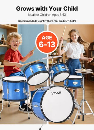Kids Drum Set, 5-Piece 16 in Junior Drum Sets, Beginner Drums Set with Adjustable Throne, Cymbal & Two Pairs of Drumsticks, Musical Learning Drums Instruments Kit, for Children Ages 6-13 (Blue)