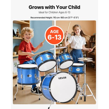Kids Drum Set, 5-Piece 16 in Junior Drum Sets, Beginner Drums Set with Adjustable Throne, Cymbal & Two Pairs of Drumsticks, Musical Learning Drums Instruments Kit, for Children Ages 6-13 (Blue)