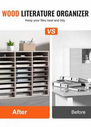 27 Compartments Wood Literature Organizer, Adjustable Shelves, Medium Density Fiberboard Mail Center, Office Home School Storage for Files, Documents, Papers, Magazines, Grey