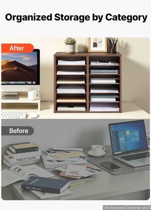 Wood Literature Organizer 12 Compartments Office Mailboxes Brown, Countertop Literature Sorter for Files Documents Papers, with Adjustable Shelves, for Office, Home, Classroom Organization