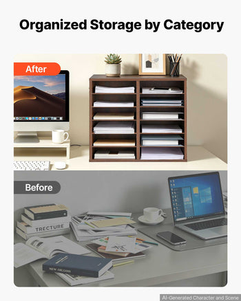 Wood Literature Organizer 12 Compartments Office Mailboxes Brown, Countertop Literature Sorter for Files Documents Papers, with Adjustable Shelves, for Office, Home, Classroom Organization
