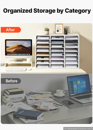 Wood Literature Organizer 24 Compartments Office Mailboxes White, Countertop Literature Sorter for Files Documents Papers, with Adjustable Shelves, for Office, Home, Classroom Organization