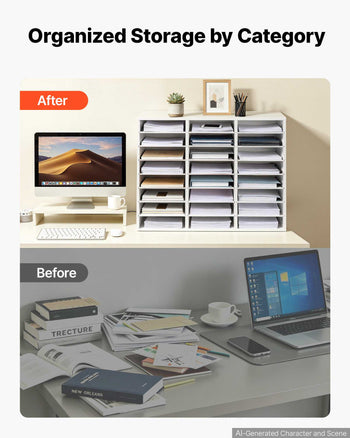Wood Literature Organizer 24 Compartments Office Mailboxes White, Countertop Literature Sorter for Files Documents Papers, with Adjustable Shelves, for Office, Home, Classroom Organization