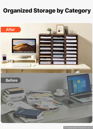 Wood Literature Organizer 24 Compartments Office Mailboxes Brown, Countertop Literature Sorter for Files Documents Papers, with Adjustable Shelves, for Office, Home, Classroom Organization