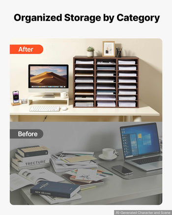 Wood Literature Organizer 24 Compartments Office Mailboxes Brown, Countertop Literature Sorter for Files Documents Papers, with Adjustable Shelves, for Office, Home, Classroom Organization