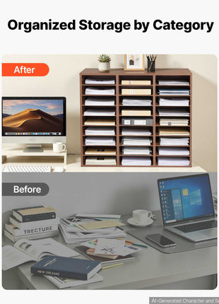 Wood Literature Organizer 27 Compartments Office Mailboxes Brown, Countertop Literature Sorter for Files Documents Papers, with Adjustable Shelves, for Office, Home, Classroom Organization