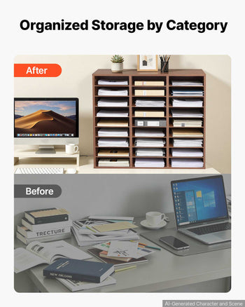 Wood Literature Organizer 27 Compartments Office Mailboxes Brown, Countertop Literature Sorter for Files Documents Papers, with Adjustable Shelves, for Office, Home, Classroom Organization