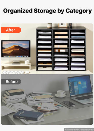 Wood Literature Organizer 27 Compartments Office Mailboxes Black, Countertop Literature Sorter for Files Documents Papers, with Adjustable Shelves, for Office, Home, Classroom Organization