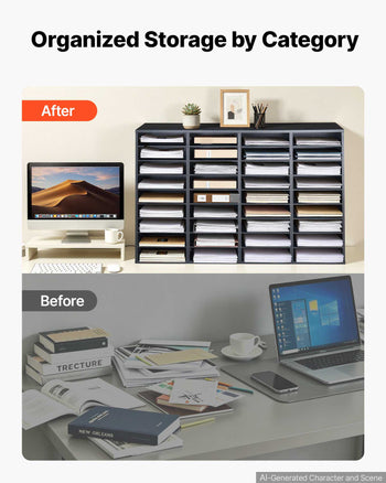 Wood Literature Organizer 36 Compartments Office Mailboxes Black, Countertop Literature Sorter for Files Documents Papers, with Adjustable Shelves, for Office, Home, Classroom Organization