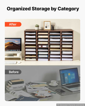 Wood Literature Organizer 36 Compartments Office Mailboxes Brown, Countertop Literature Sorter for Files Documents Papers, with Adjustable Shelves, for Office, Home, Classroom Organization