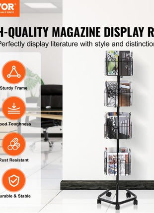Brochure Display Rack, 4-Tier 32 Pockets Rotating Magazine Literature Display Stand for Postcards, 360° Spinning Greeting Cards Rack with 5 Wheels (2 Lockable) for Shop Exhibitions Office