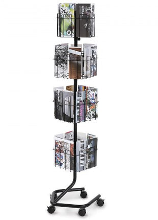 Brochure Display Rack, 4-Tier 32 Pockets Rotating Magazine Literature Display Stand for Postcards, 360° Spinning Greeting Cards Rack with 5 Wheels (2 Lockable) for Shop Exhibitions Office