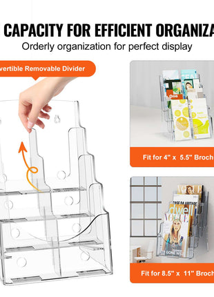 Acrylic Brochure Holder 8.5 x 11 inch, 4-Tier Clear Acrylic Literature Display Stand, Plastic Literature Organizer Flyer Stand & Removable Divider for Office Exhibition, Countertop or Wall Mount