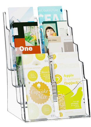 Acrylic Brochure Holder 8.5 x 11 inch, 4-Tier Clear Acrylic Literature Display Stand, Plastic Literature Organizer Flyer Stand & Removable Divider for Office Exhibition, Countertop or Wall Mount