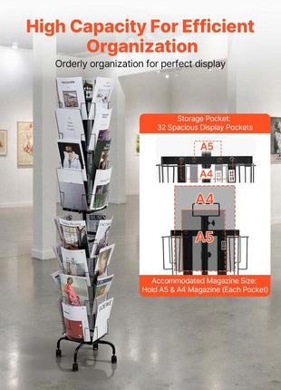 Greeting Cards Display Rack, 32 Pockets Rotating Postcard Brochure Display Stand, 360° Spinning Card Display Rack with Sign Holder & 4 Wheels (2 Lockable) for Exhibitions Office Trade Show