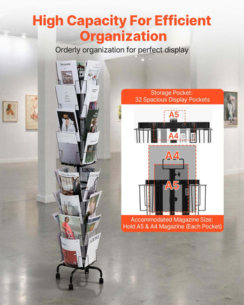 Greeting Cards Display Rack, 32 Pockets Rotating Postcard Brochure Display Stand, 360° Spinning Card Display Rack with Sign Holder & 4 Wheels (2 Lockable) for Exhibitions Office Trade Show