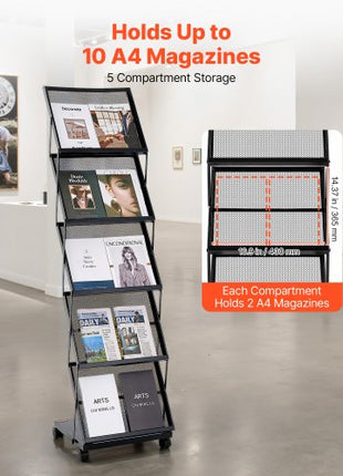 Brochure Display Rack, Foldable 5 Pockets Magazine Literature Display Stand, Movable Floor Standing Magazine Rack with Wheels, Metal Newspaper Catalog Holders for Shop Exhibitions Office Show