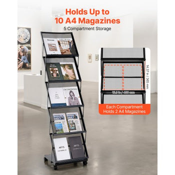 Brochure Display Rack, Foldable 5 Pockets Magazine Literature Display Stand, Movable Floor Standing Magazine Rack with Wheels, Metal Newspaper Catalog Holders for Shop Exhibitions Office Show
