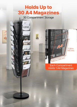 Rotating Brochure Display Rack, 30 Pockets Mesh Magazine Literature Display Stand, Portable Floor Standing Magazine Rack, Metal Newspaper Catalog Holders for Shop Exhibitions Office Trade Show