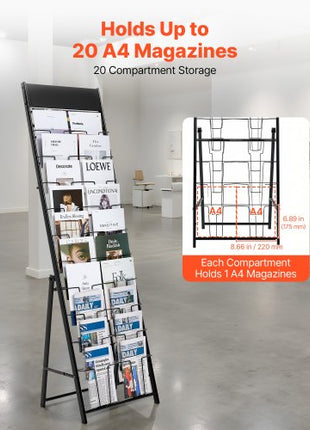 Brochure Display Rack, 20 Pockets Magazine Literature Display Stand, Portable Floor Standing Magazine Rack, Metal Newspaper Catalog Holders for Shop, Exhibitions, Office, Trade Show, Black