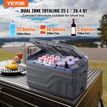 Car Refrigerator, 12 Volt Car Refrigerator Fridge, 25 L Dual Zone Portable Freezer, -4?-68? Adjustable Range, 12/24V DC and 100-240V AC Compressor Cooler for Outdoor, Camping, RV