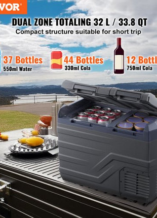 Car Refrigerator, 12 Volt Car Refrigerator Fridge, 32 L Dual Zone Portable Freezer, -4?-68? Adjustable Range, 12/24V DC and 100-240V AC Compressor Cooler for Outdoor, Camping, RV