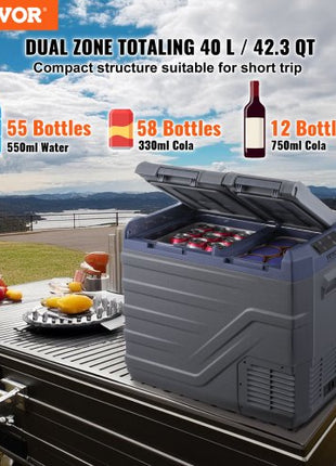 Car Refrigerator, 12 Volt Car Refrigerator Fridge, 40 L Dual Zone Portable Freezer, -4?-68? Adjustable Range, 12/24V DC and 100-240V AC Compressor Cooler for Outdoor, Camping, RV