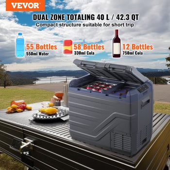 Car Refrigerator, 12 Volt Car Refrigerator Fridge, 40 L Dual Zone Portable Freezer, -4?-68? Adjustable Range, 12/24V DC and 100-240V AC Compressor Cooler for Outdoor, Camping, RV