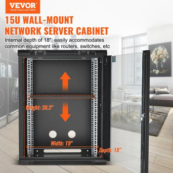 15U Wall Mount Network Cabinet, 500 lbs Max. Ground Load Capacity, Server Rack Cabinet Enclosure with Locking Tempered Glass Door, Side Panels, Q235 Carbon Steel, for IT Equipment, A/V Devices