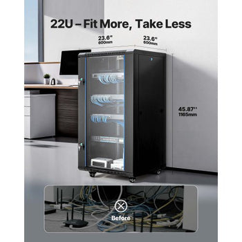 22U Network Cabinet Wall Mount, 23.6 in Depth, 300 lbs Max Load Capacity Server Cabinet Rack Enclosure with Locking Tempered Glass Door, Side Panels, Server Rack for IT Equipment, A/V Devices