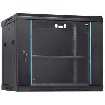 9U Wall-Mounted Server Network Cabinet, 15.5'' Depth, Secure Rack Enclosure, Supports up to 200 lbs, Features Lockable Glass Door and Side Panels, Ideal for IT and A/V Gear