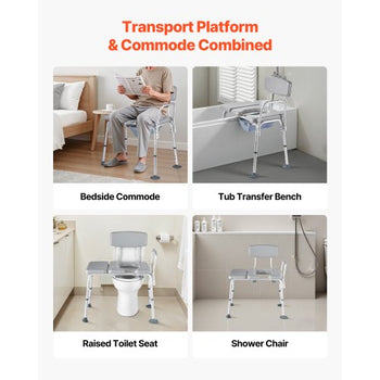 Bedside Commode Chair, 500 lbs Weight Capacity, 4-in-1 Portable Toilet and Raised Toilet Seat with Padded Seat and Backrest, Detachable 5L Bucket, Adjustable Height Adult Potty Chair for Seniors