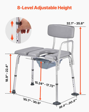 Bedside Commode Chair, 500 lbs Weight Capacity, 4-in-1 Portable Toilet and Raised Toilet Seat with Padded Seat and Backrest, Detachable 5L Bucket, Adjustable Height Adult Potty Chair for Seniors