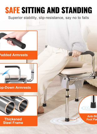 Commode Chair, Bedside Commode with Padded Seat, Drop-Down Arms, 7-Level Adjustable Height, 5.8L Removable Bucket, Easy to Assemble, 350LBS Capacity, Portable Toilet for Adults Seniors