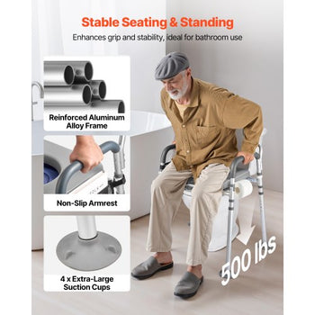 Bedside Commode Chair, 500 lbs Capacity, 4-in-1 Portable Toilet and Raised Toilet Seat with Padded Seat & Backrest, Detachable 5L Bucket, Adjustable Height & Width Adult Potty Chair for Seniors