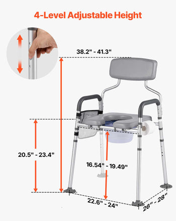 Bedside Commode Chair, 500 lbs Capacity, 4-in-1 Portable Toilet and Raised Toilet Seat with Padded Seat & Backrest, Detachable 5L Bucket, Adjustable Height & Width Adult Potty Chair for Seniors