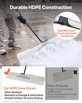 Snow Pusher Shovel, 48 in Outdoor Snowplow Shovel with Ergonomic Grip, HDPE Plastic Blade, Winter Shovels with Segmented Handle, Metal Edged Strip, Portable Snow Removal Tool for Driveway Garden