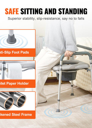 Commode Chair, Bedside Commode with Padded Seat and Arms, 7-Level Adjustable Height, 5.8L Removable Bucket, Easy to Assemble, 350 LBS Capacity, Raised Toilet Seat for Adults Seniors