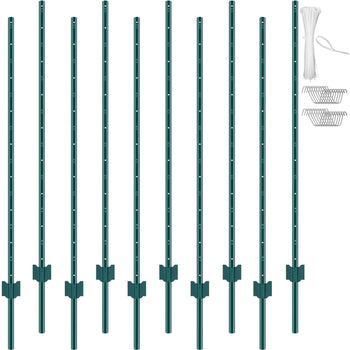 5 Feet Fence Post, 10 Pack U-Channel Heavy Duty Metal Fence Posts, Sturdy Steel Fence Stakes for Garden Yard, Lawn, Farms and Outdoor Wire Fencing, Green