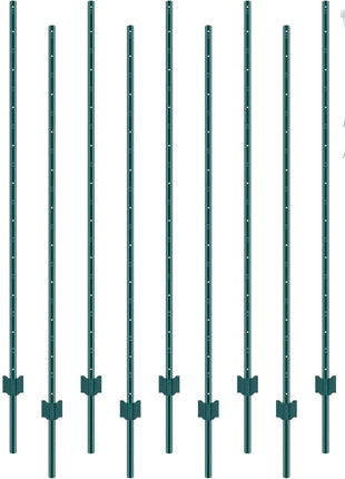 6 Feet Fence Post, 10 Pack U-Channel Heavy Duty Metal Fence Posts, Sturdy Steel Fence Stakes for Garden Yard, Lawn, Farms and Outdoor Wire Fencing, Green