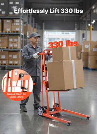Material Lift Winch Stacker, 330 lbs Capacity Pallet Truck Dolly, 42.9 in Max Lifting Height Manual Winch Stacker, Multifunctional Manual Pallet Truck Stacker with Swivel Casters and Lift Plate