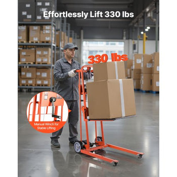 Material Lift Winch Stacker, 330 lbs Capacity Pallet Truck Dolly, 42.9 in Max Lifting Height Manual Winch Stacker, Multifunctional Manual Pallet Truck Stacker with Swivel Casters and Lift Plate