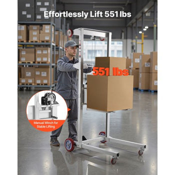 Material Lift Winch Stacker, 551 lbs Capacity Pallet Truck Dolly, 70 in Max Lifting Height Manual Winch Stacker, Multifunctional Manual Pallet Truck Stacker with Wheels and Adjustable Fork