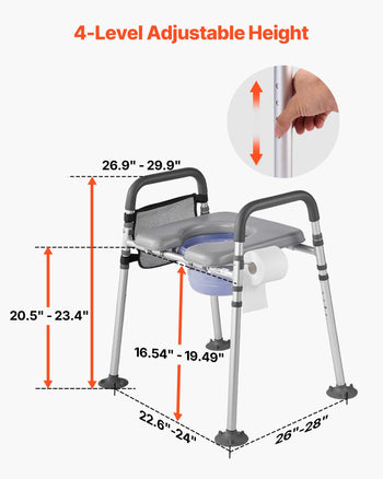 Bedside Commode Chair, 500 lbs Capacity, 4-in-1 Portable Toilet and Raised Toilet Seat with Padded Seat & Armrest, Detachable 5L Bucket, Adjustable Height & Width Adult Potty Chair for Seniors