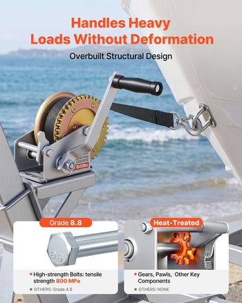 Boat Winch, 1600 lbs Hand Winch, Heavy Duty Manual Rope Crank, Portable Two-Way Ratchet, 4: 1 Gear Ratio, Easy Installation Gear for Boat Trailer ATV Towing